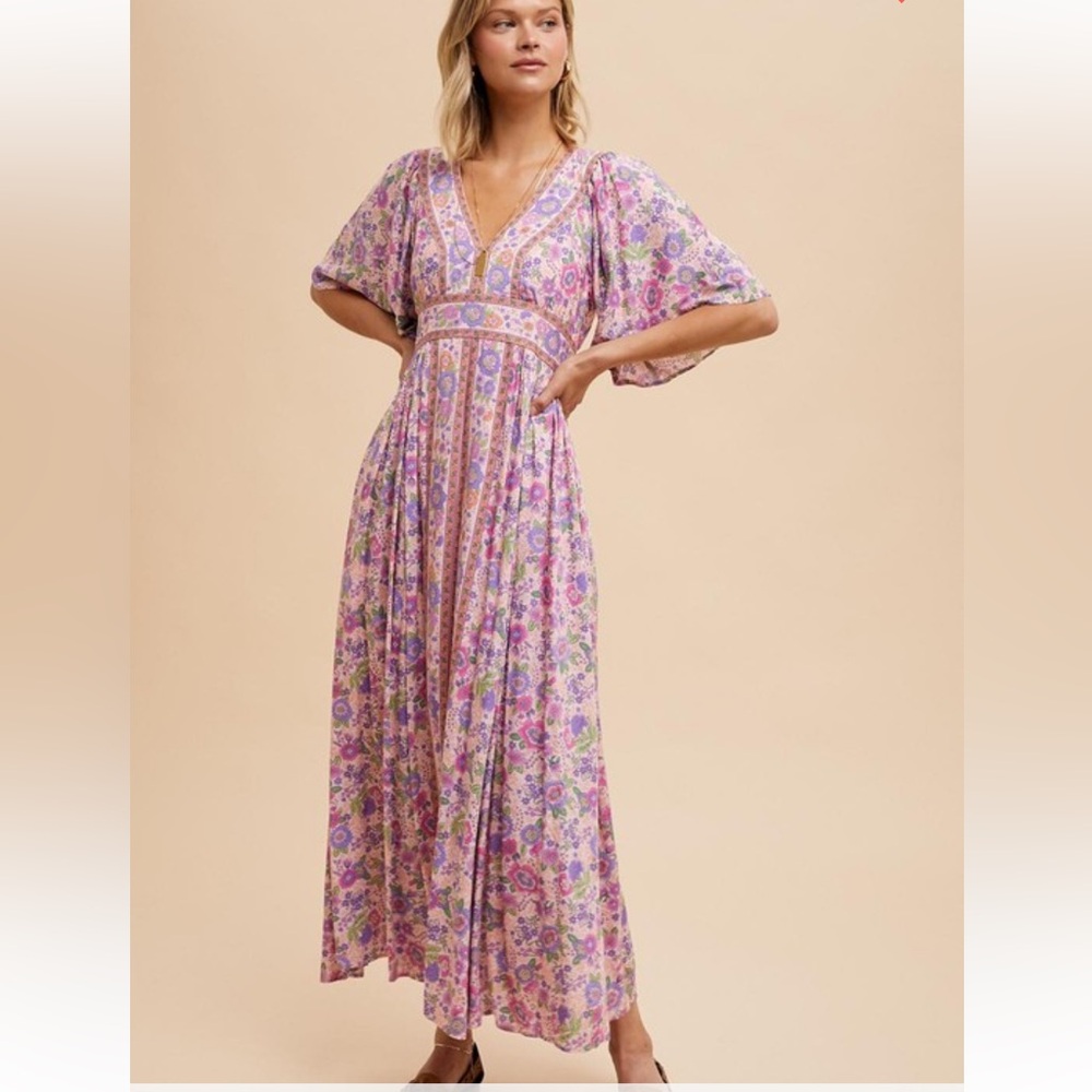Lavendar and Pink Border Print Fluttersleeve Maxi Dress